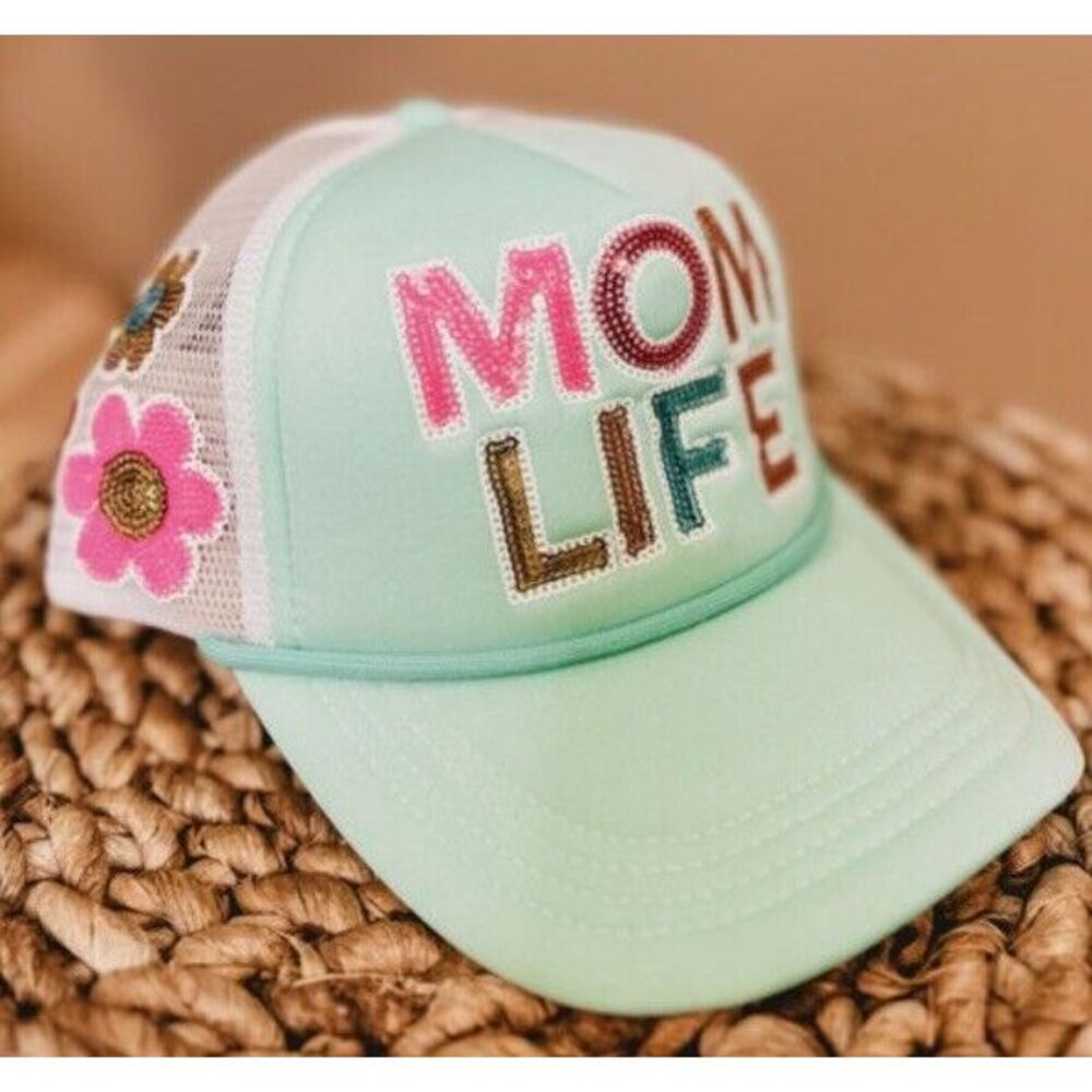 New SIMPLY SOUTHERN Sequin Letter MOM LIFE Trucker Cap Hat Mesh Back Minty Green